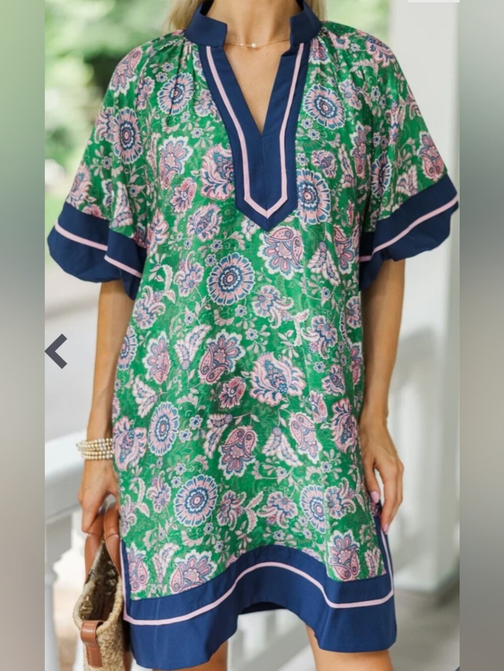 Entro Green Paisley Floral Tunic Dress Large Balloon Sleeve Boho